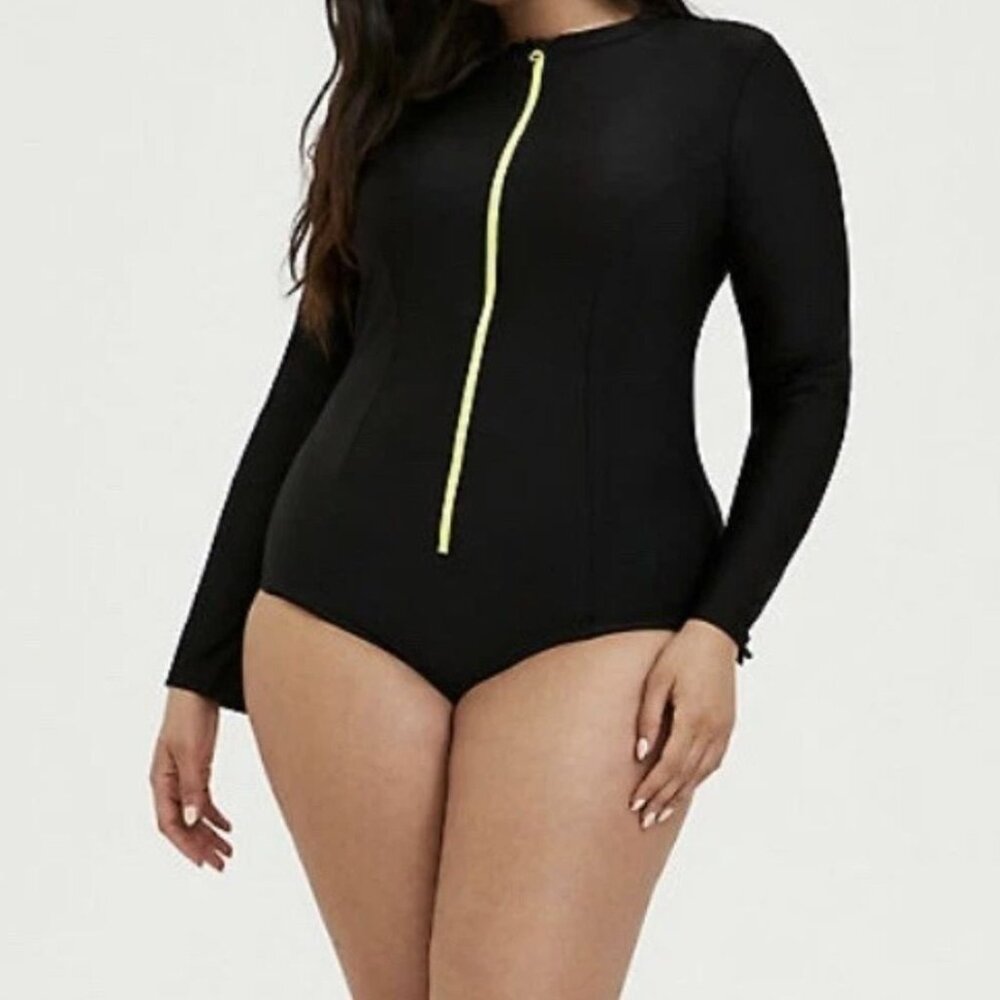 Long Sleeve Black One-Piece Swimsuit With Neon Yellow Zipper By Torrid Size 2 - Picture 1 of 9